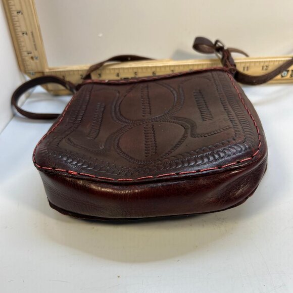 Women's Vintage Brown Tooled Leather Crossbody Purse Western Croc Style Bag - Picture 5 of 6